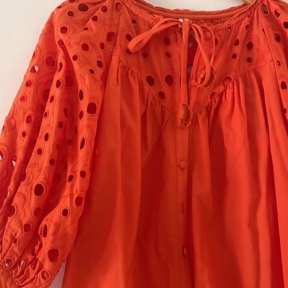 Anthropologie Chatal Eyelet Embellished Button Down Orange Bohemian Blouse Sz XS - Picture 8 of 11